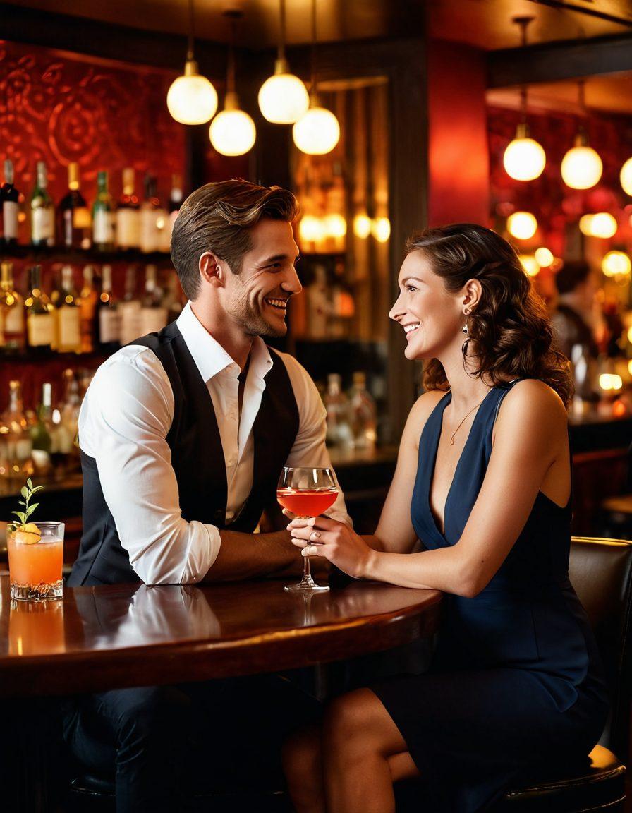 A confident couple smiling and engaging in flirtatious conversation at a stylish bar, surrounded by soft romantic lighting and elegant decor. Include elements representing casual dating, like cocktails and playful body language. The background hints at an energetic nightlife atmosphere, with silhouettes of other couples enjoying themselves. super-realistic. vibrant colors. atmospheric lighting.