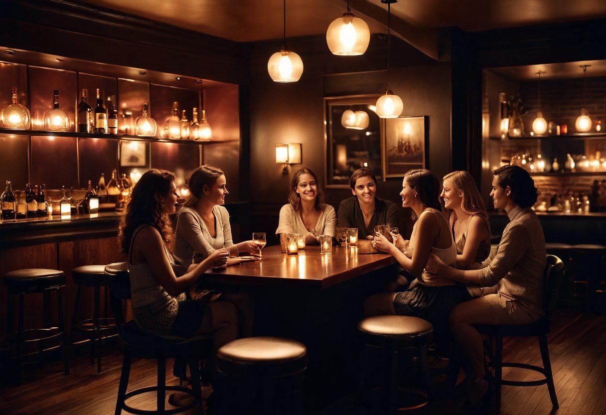 A captivating scene of a dimly lit, cozy lounge filled with singles engaging in intimate conversations, highlighting body language that conveys desire and connection. Add elements of soft lighting, romantic decor, and a bar in the background. Include diverse individuals expressing warmth and attraction towards each other. A hint of playful tension in the air. warm tones. super-realistic. soft focus.