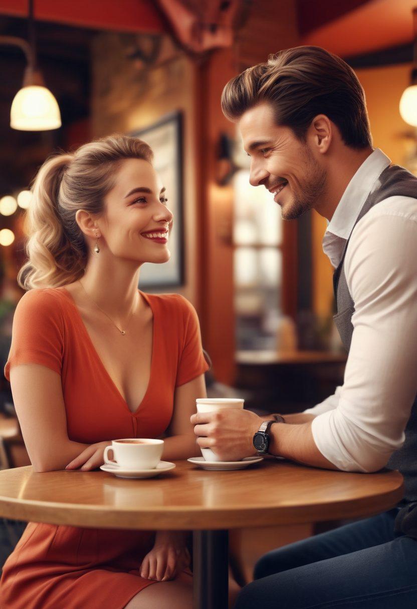 A charming scene of a confident man in a stylish outfit engaging in playful flirting with a woman at a cozy cafe, with captivating smiles and subtle body language, surrounded by soft lighting and an inviting atmosphere. Include elements like coffee cups and a romantic backdrop to enhance the dating theme. vibrant colors. warm tones. super-realistic.